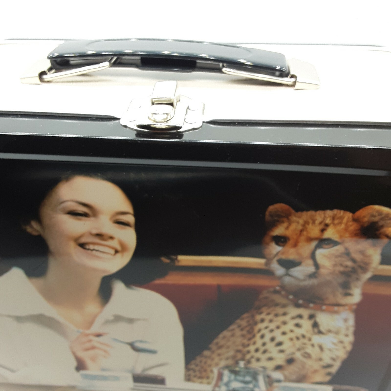 Vintage Pharmaceutical Drug rep collectibles 1970s lady cheetah at lunch tin box