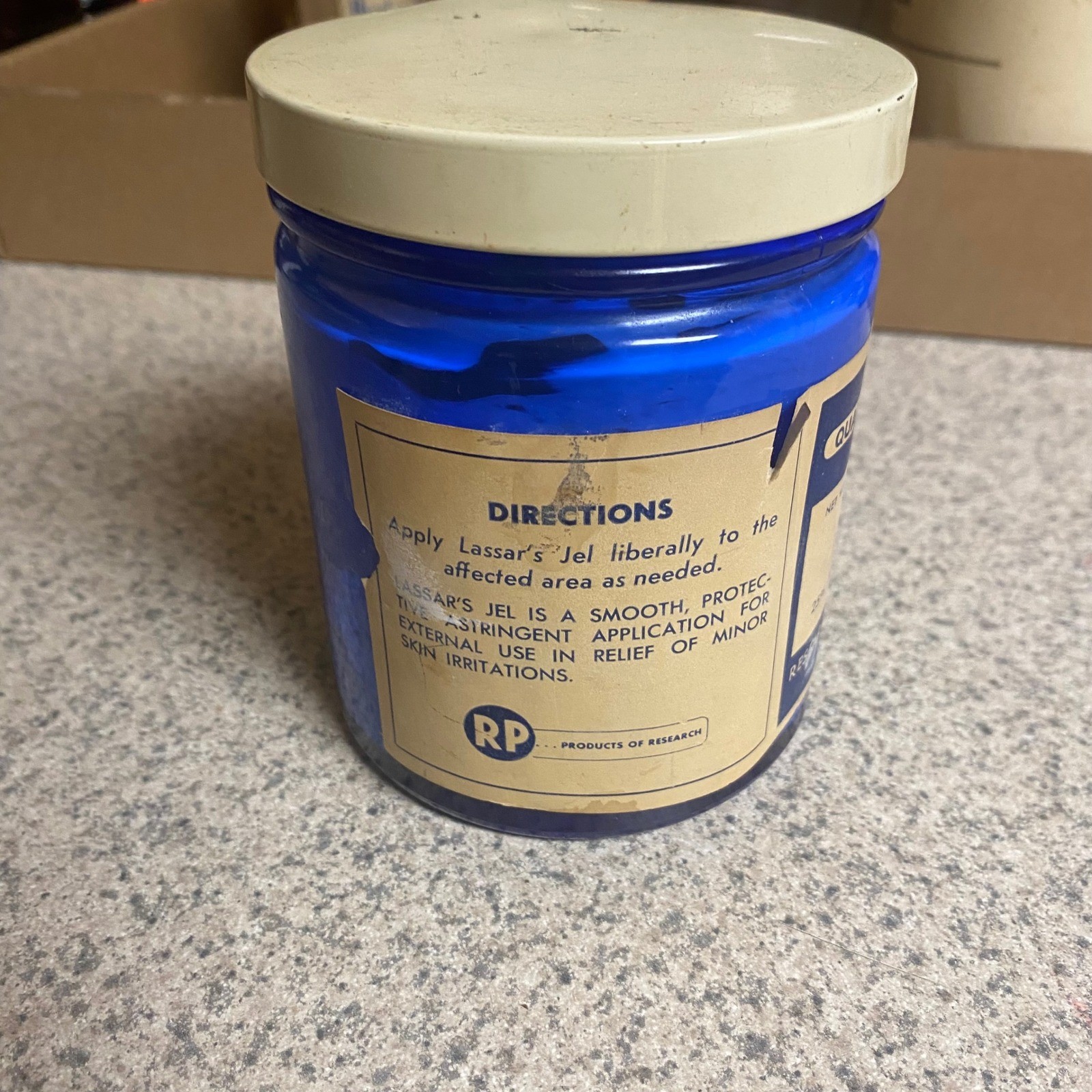 VTG Lassars Jel Cobalt Blue Glass Apothecary Jar Research Products Corp 1lb