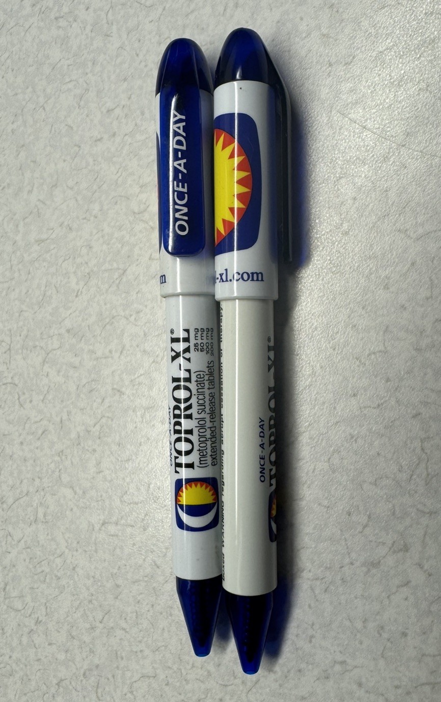 TOPROL-XR PENS: Blue & White, Plastic, Pharmaceutical Promo NEW Lot of 4