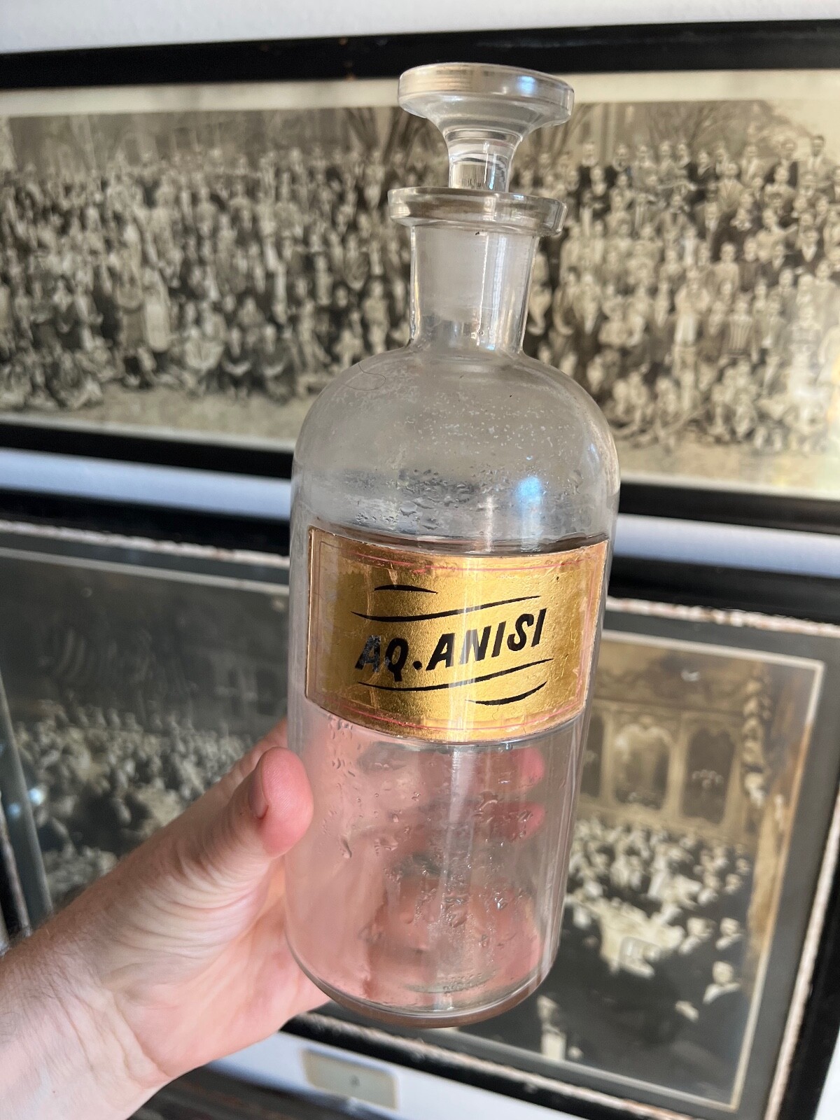 2 Vintage Pharmacy Apothecary Glass Bottles / Gold Labels