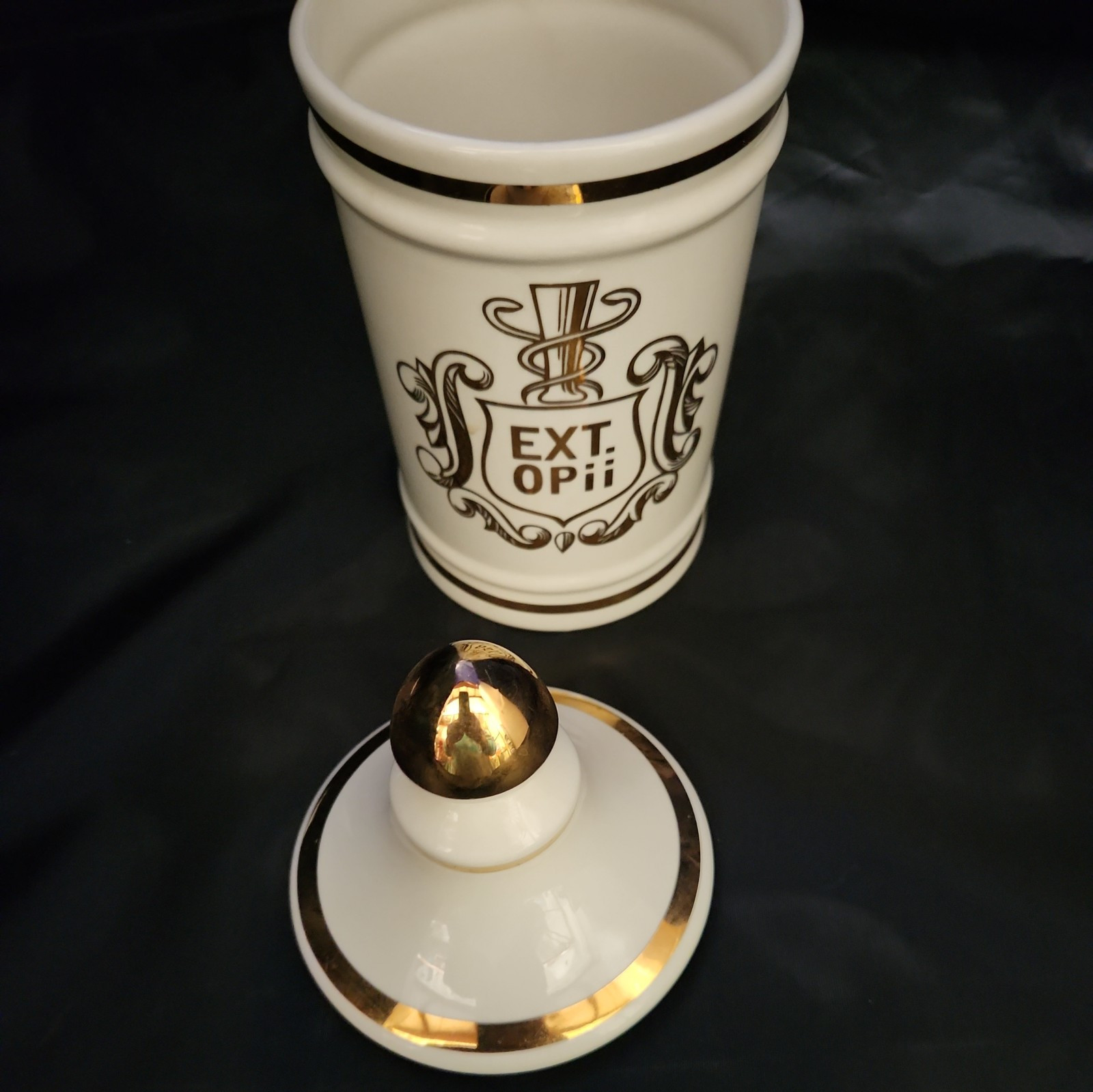 Vintage Pharmacy EXT OPii Canister Jar w/ Lid-Cream & Gold Trim-Owens Glass IL