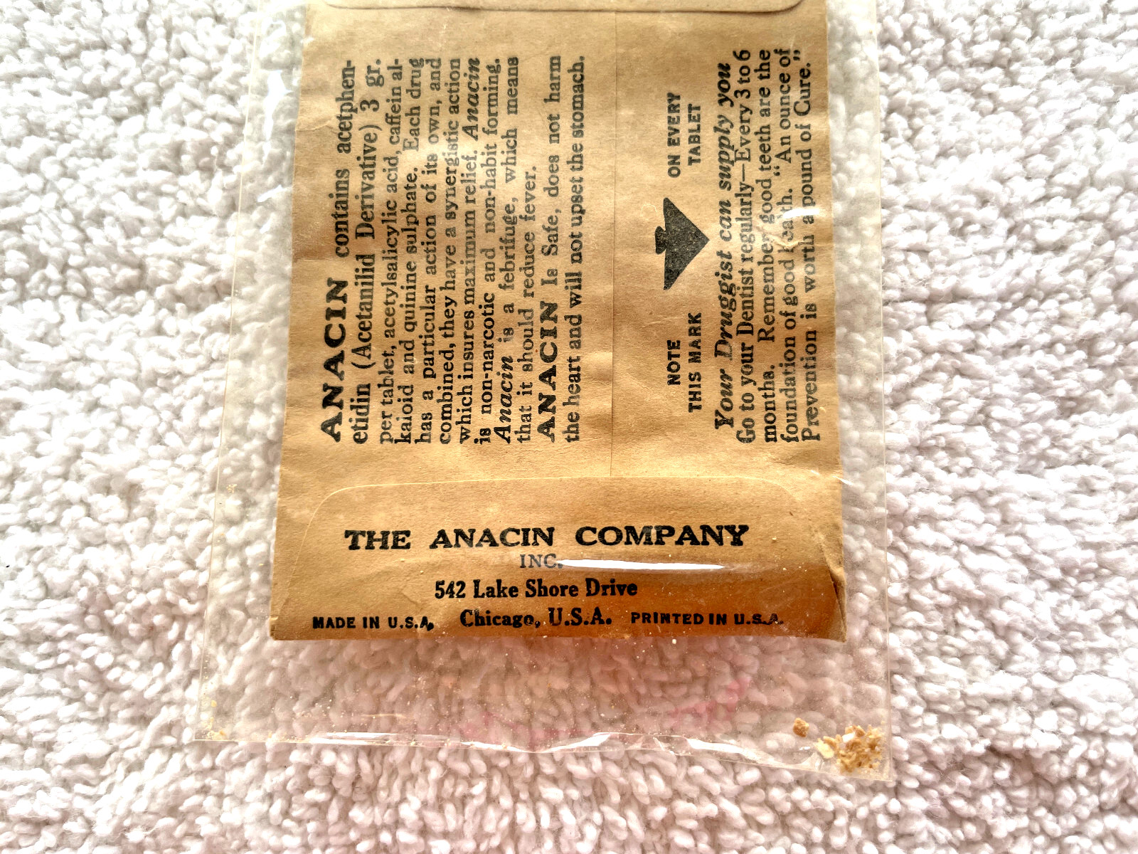 VTG 1940s Anacin Brown Paper Sample Package Unopened USA HTF