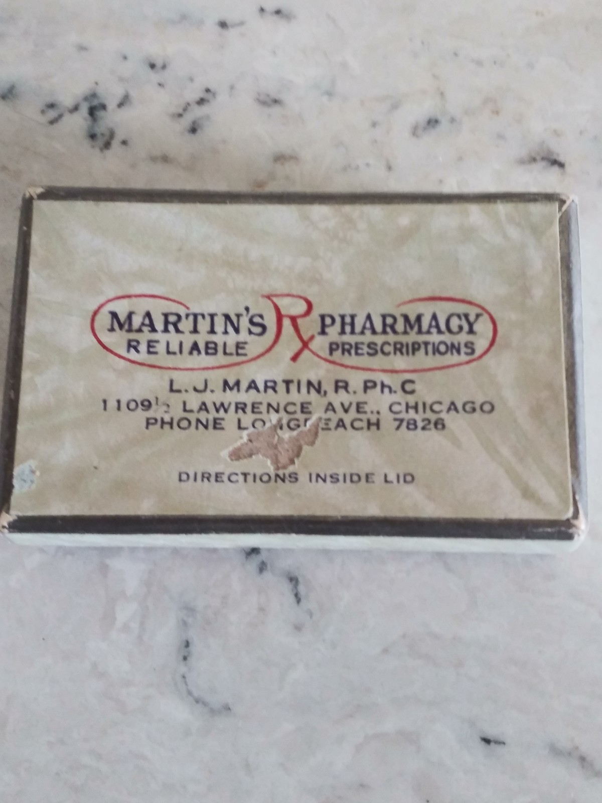 Vintage Drug Store Prescription Pill Box Martin’s Reliable Pharmacy 1942 Chicago