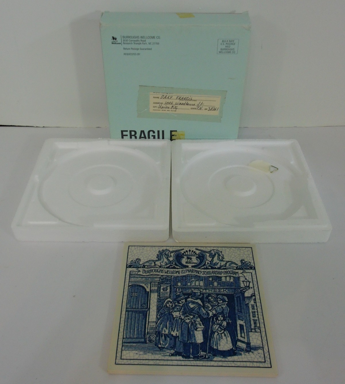 Burroughs Wellcome Blue & White Ceramic Pharmacy Pill Tile Social Place 1992 #23