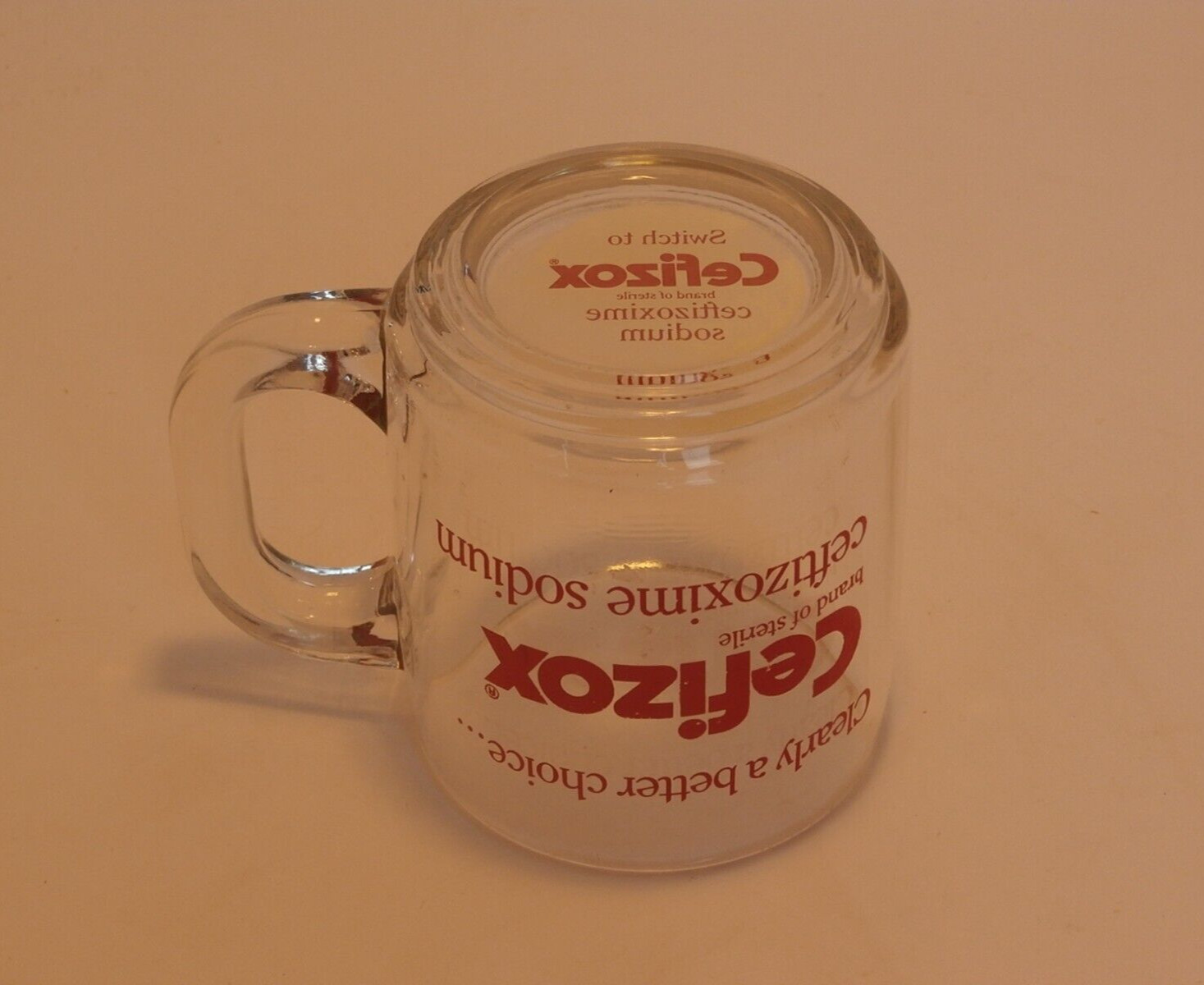 Pharmaceutical Drug Rep Clear Glass w/ Red Letters Coffee Cup CEFIZOX Antibiotic