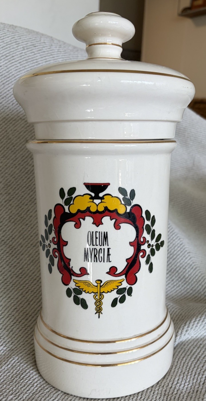 VINTAGE APOTHECARY MEDICINE PHARMACY DRUGSTORE JAR “BLAIR POTTERY” Oleum Myrcae