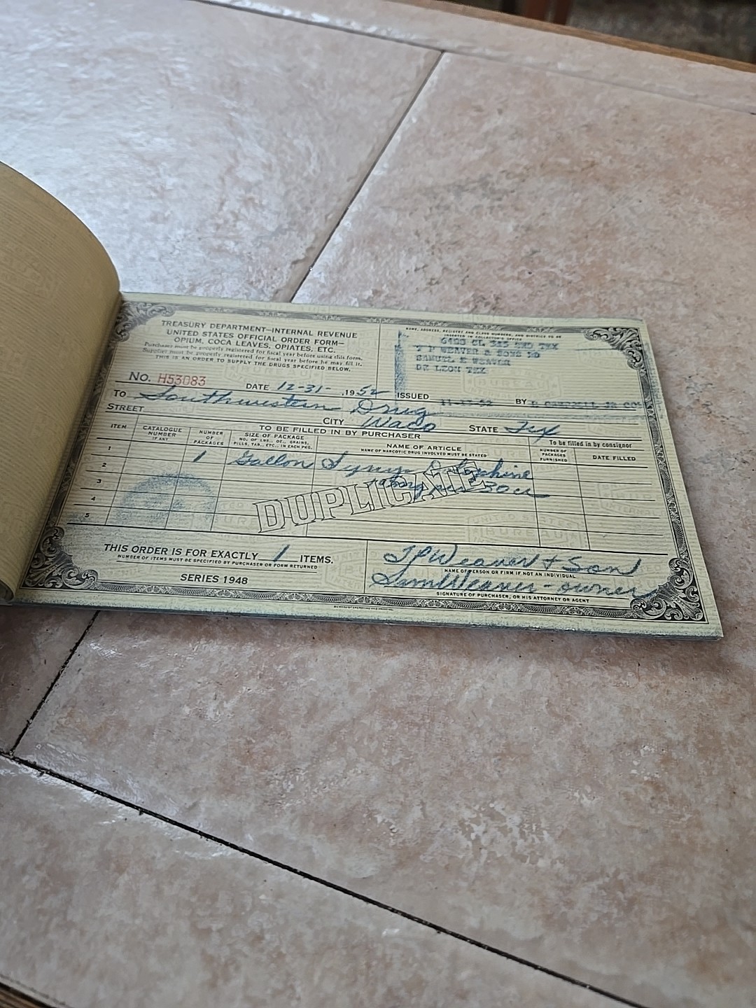US INTERNAL REVENUE 1948 OPIUM ETC FORMS BOOKLET COMPLETE +1 EXC. COND. TEXAS