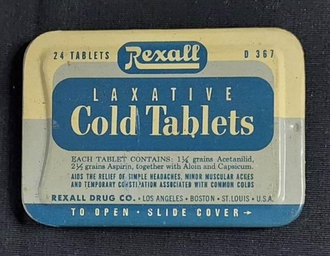 Old EMPTY Advertising Medicine Tin Rexall Laxative Cold Tablets Rexall Drug