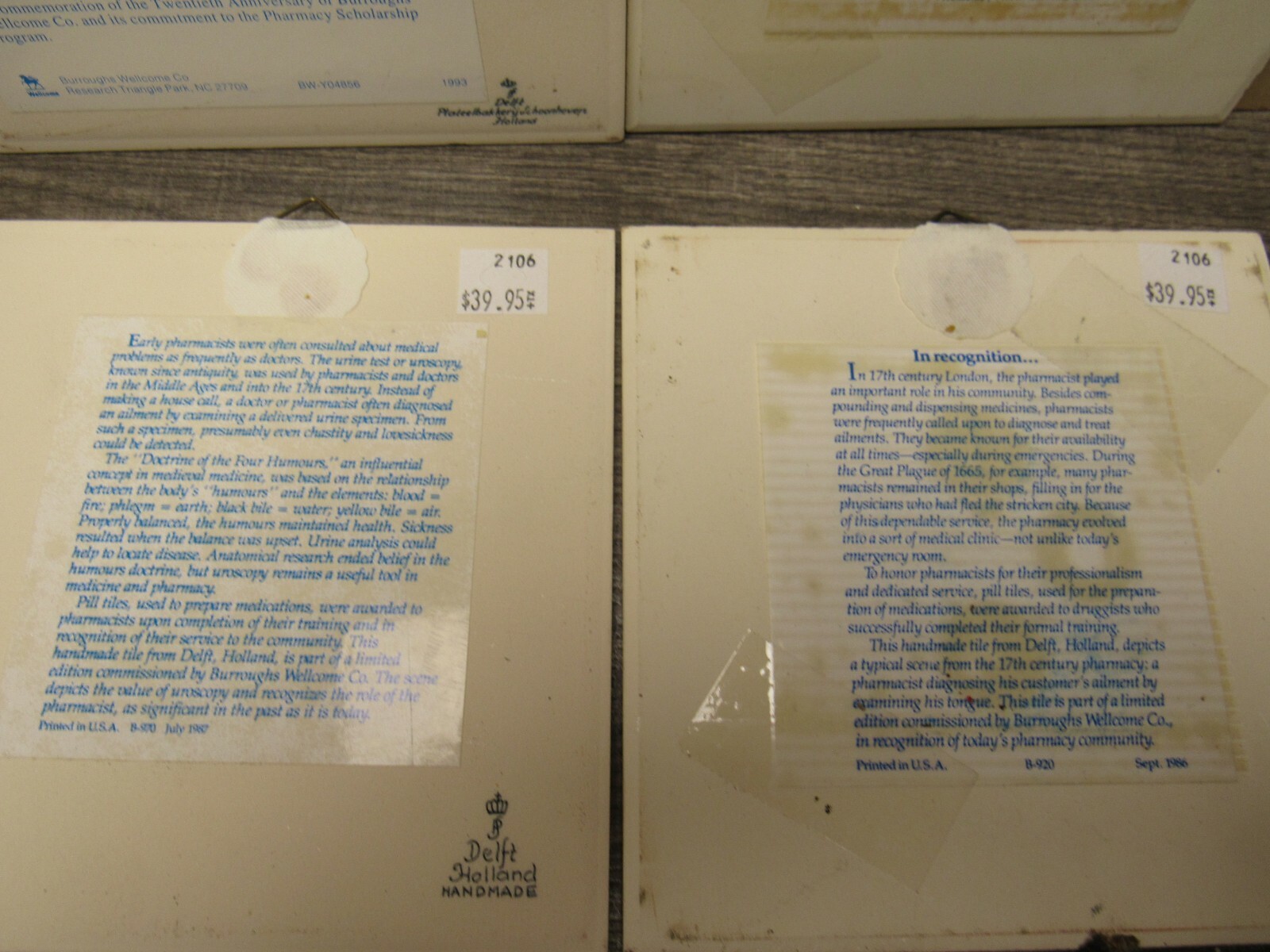 LOT OF 4 Vintage BLUE DELFT Holland Pharmacy Tiles (3)