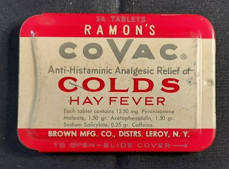 Old Empty Advertising Medicine Tin Ramon’s COVAC Colds Hay Fever Brown Mfg Leroy