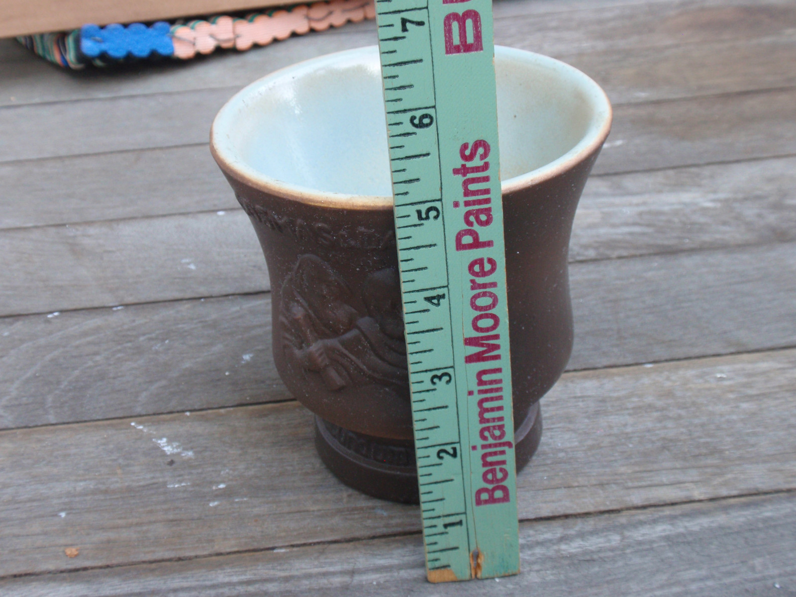 VINTAGE STONE/CERAMIC MORTAR COSMAS & DAMIAN PHARMACY 5 IN. TALL