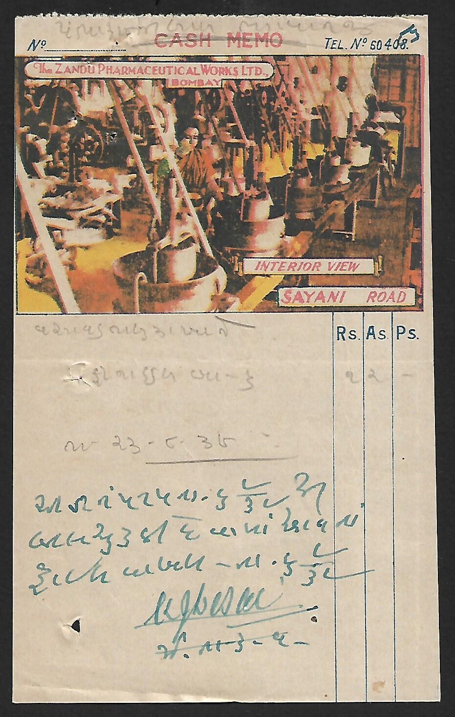 (BL) India 1935 illustrated billhead ZANDU PHARMACEUTICAL WORKS LTD, Bombay