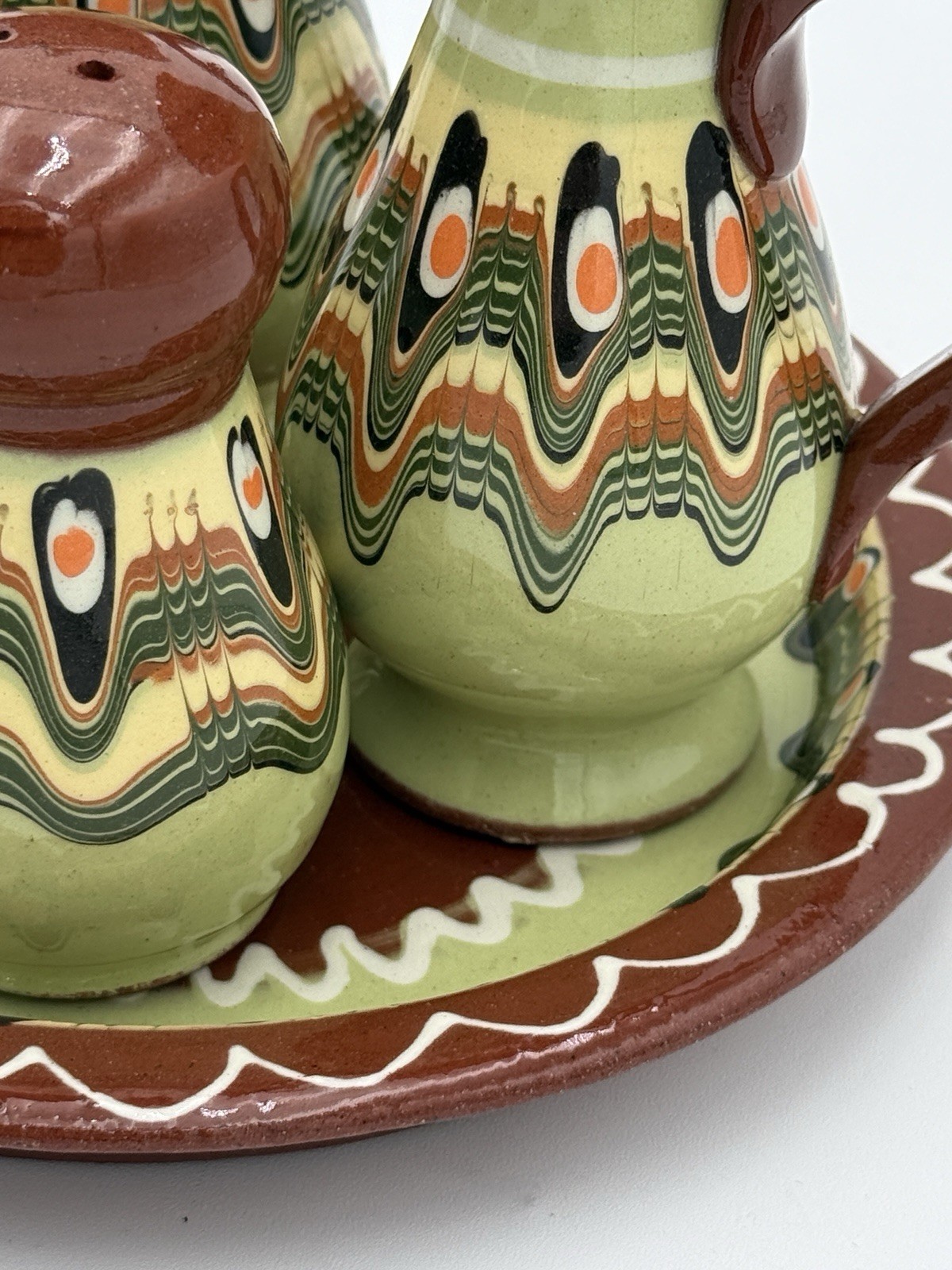 Vintage Bulgarian Peacock eye Dripware Pottery 5-Piece Condiment Set