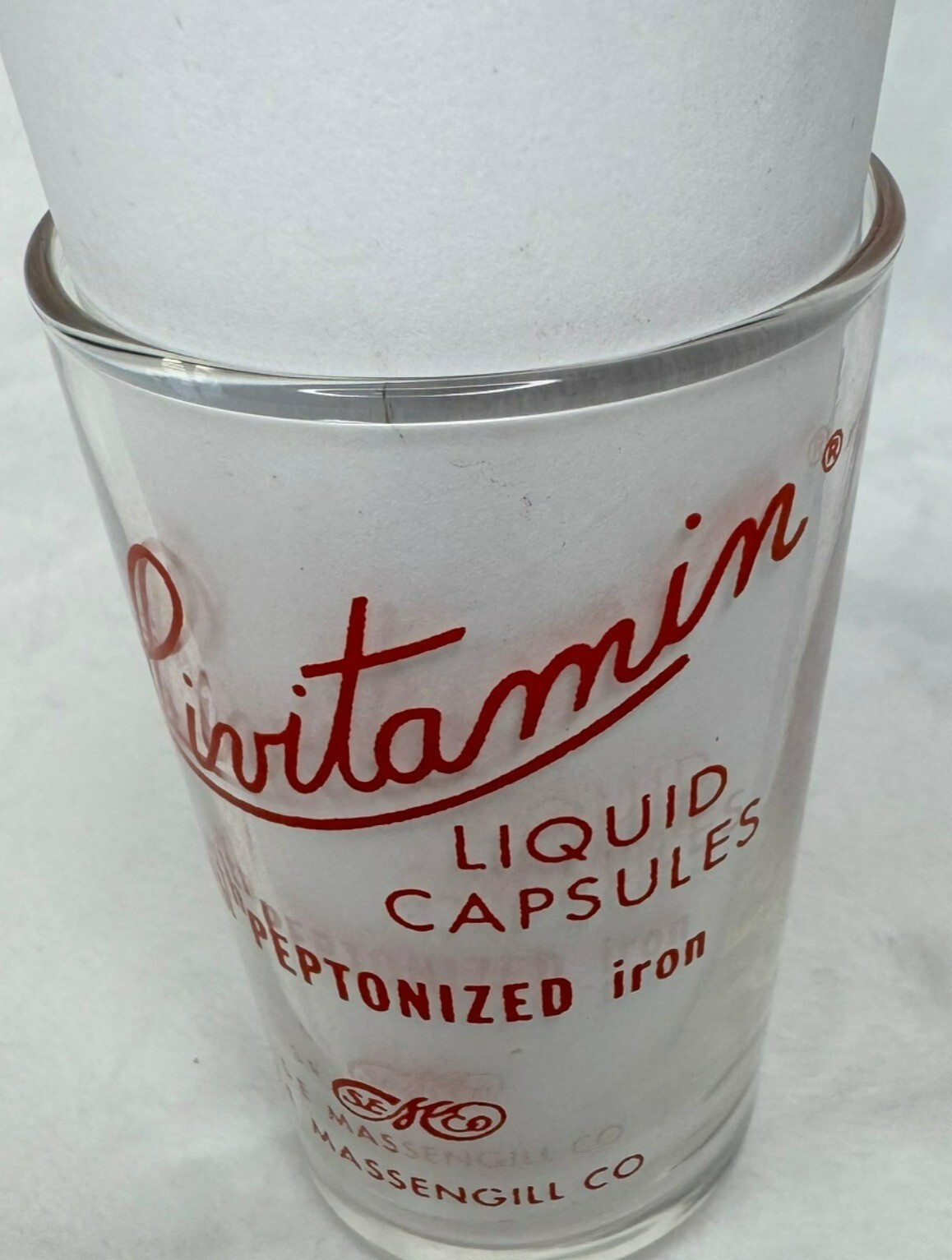Vintage Massengill Co. Livitamin Liquid Capsules Measuring Glass 3 Oz Clear Red
