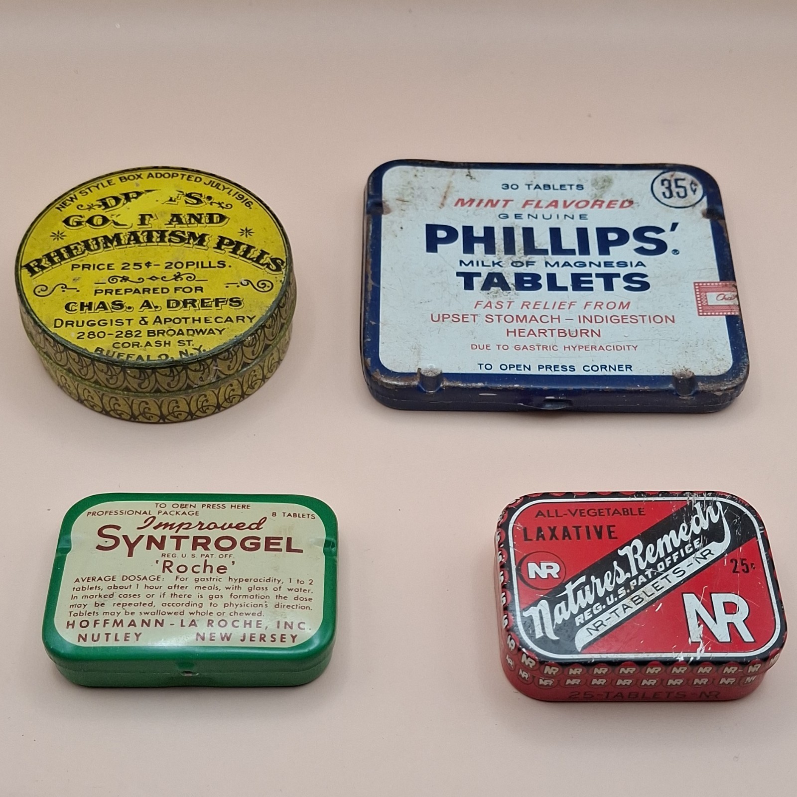 Pill tins lot 4 PHILLIPS Rheumatism gout SYNTROGEL w/pills antique vintage