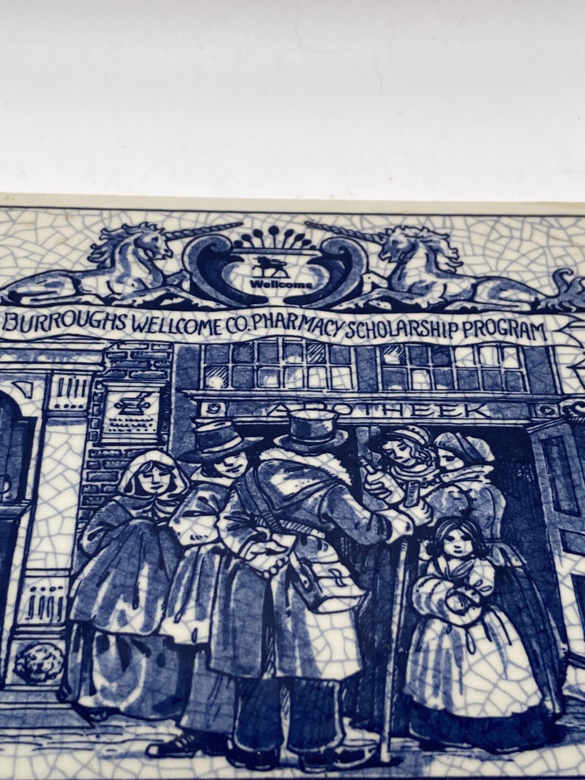 Vintage Blue Delfts Tile Burroughs Wellcome Co Pharmacy Scholarship Program 1992