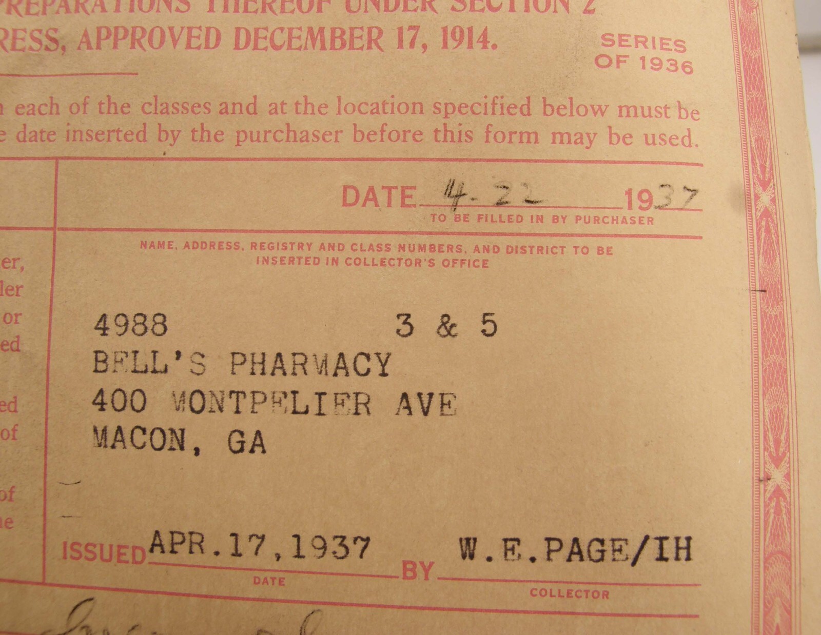 VINTAGE 1936 US TREASURY DEPT REVENUE FORM COCA LEAVES OR OPIUM MACON GEORGIA