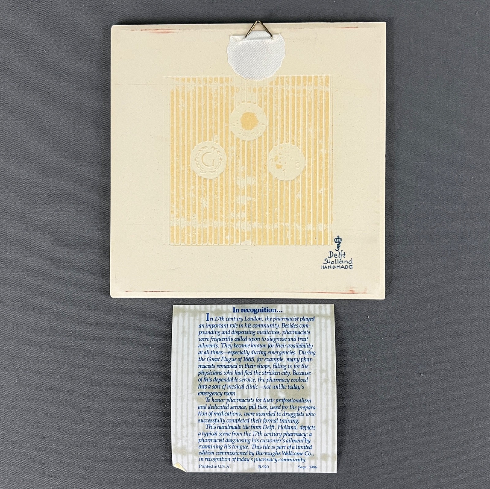 Burroughs Wellcome Pharmacy Education Program Holland Delft Pill Tiles 1986 1987