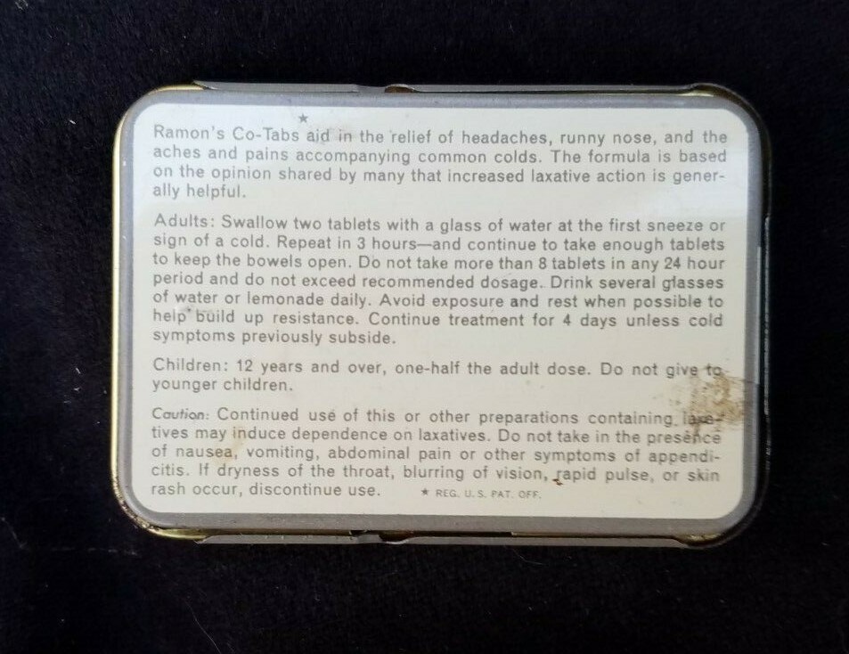 Old Medicine Tin Ramon’s Co-Tabs Cold Brown Mfg Co Le Roy NY Little Doctor NOS