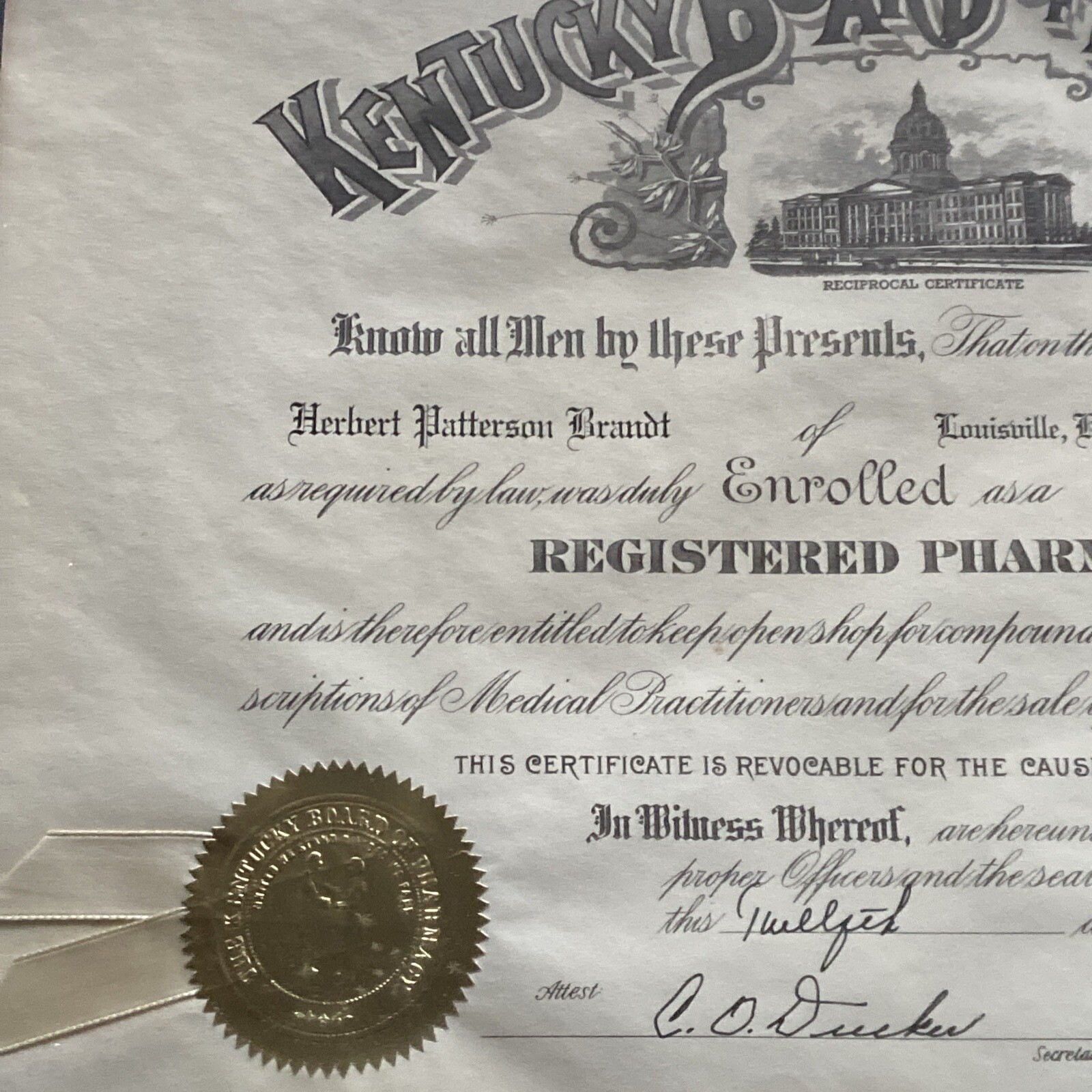 Kentucky Board Of Pharmacy (1966) Registered Pharmacist Certificate