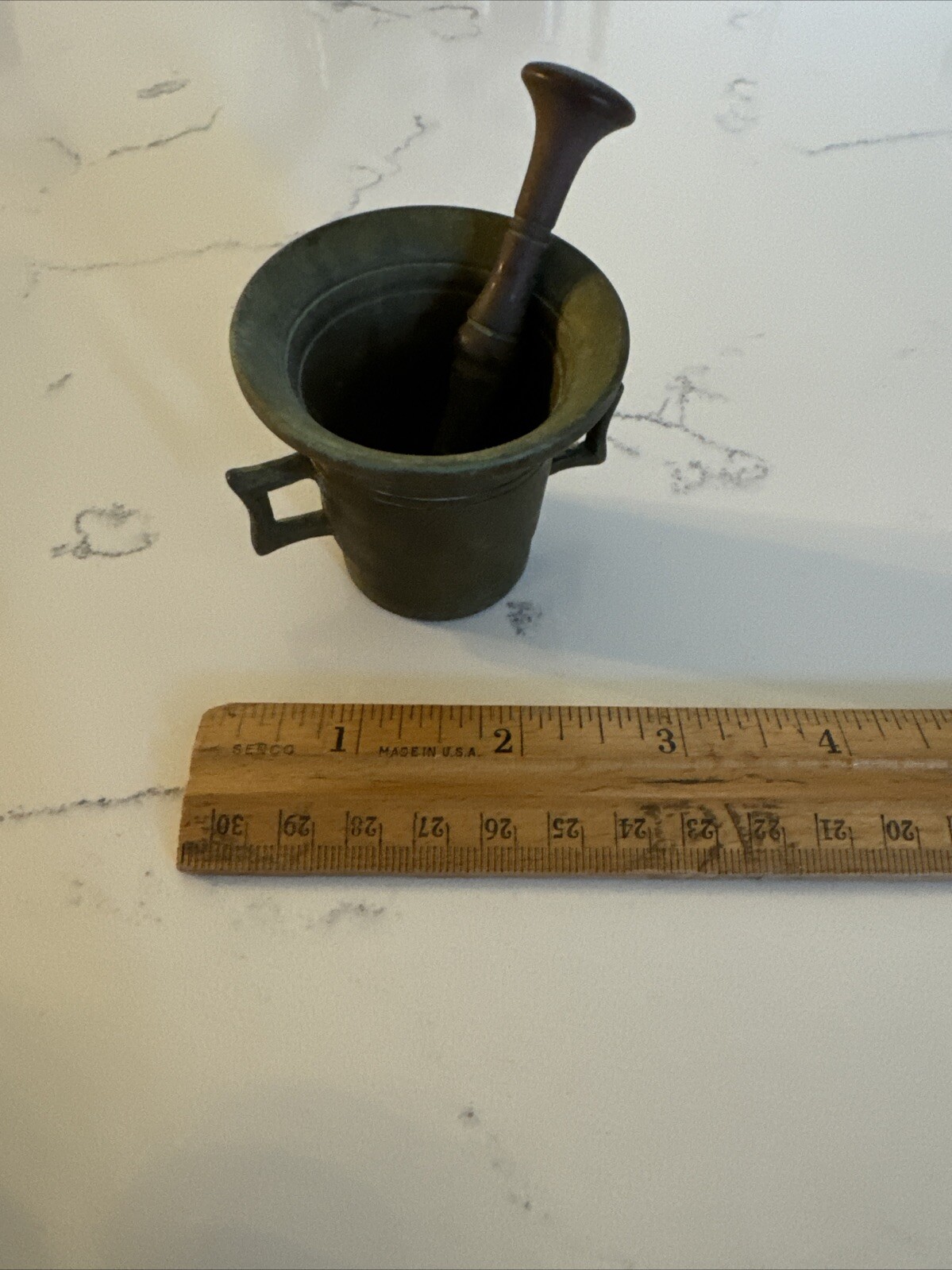 Antique Small Brass Mortar & Pestle Mortar has 2 square handles