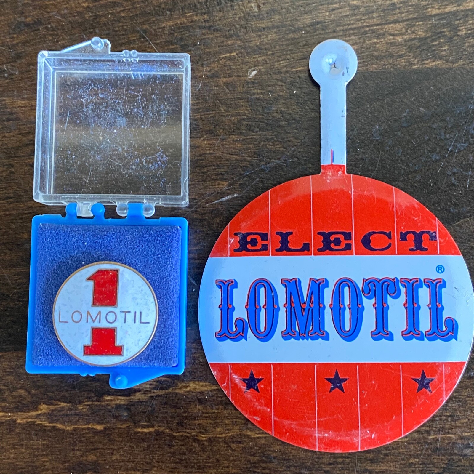 2 VTG Lomotil Diarreah Prescription Medicine Rx Advertisement Elect Pin Badges