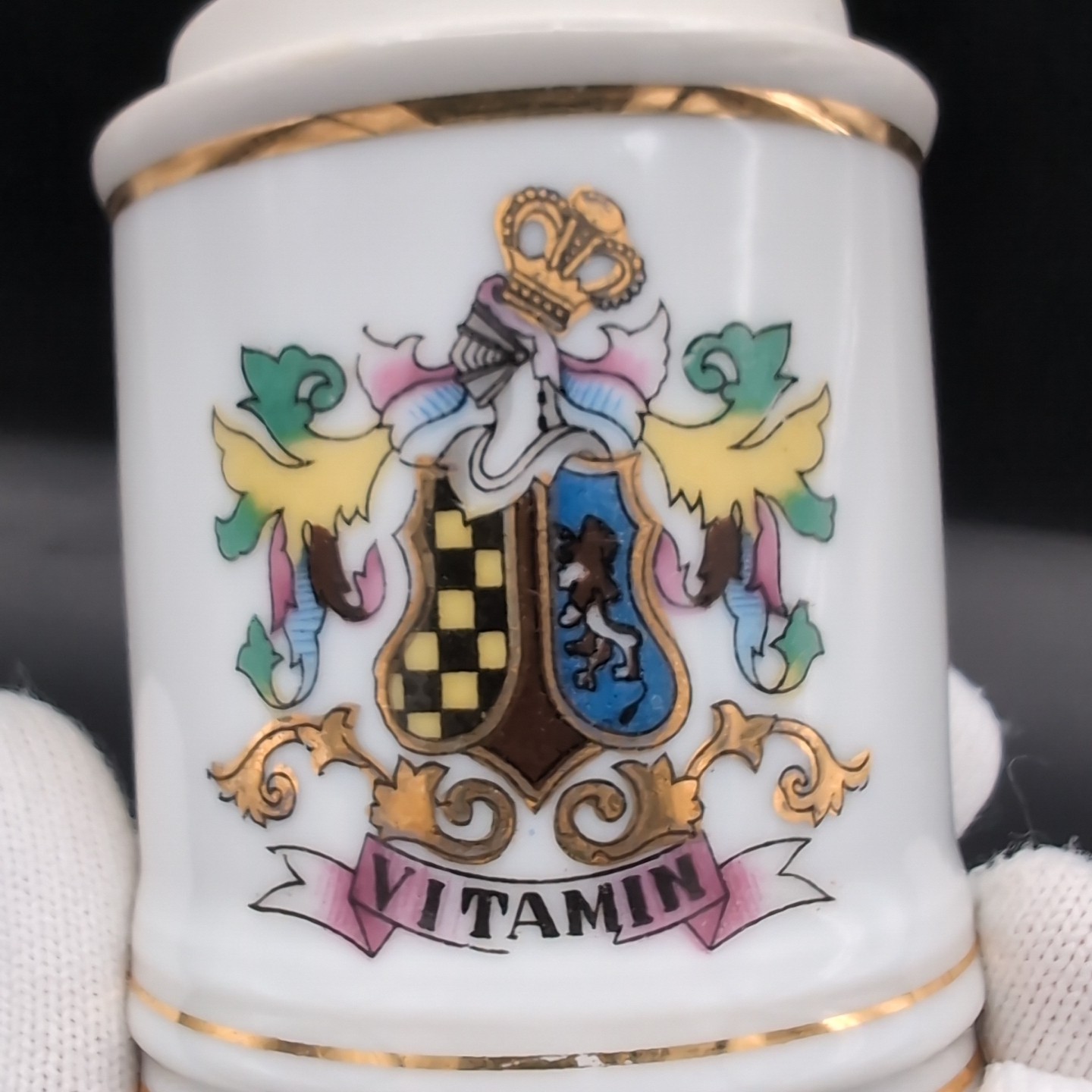 VTG Porcelain Apothecary Jar Vitamin Gold Trim DOM