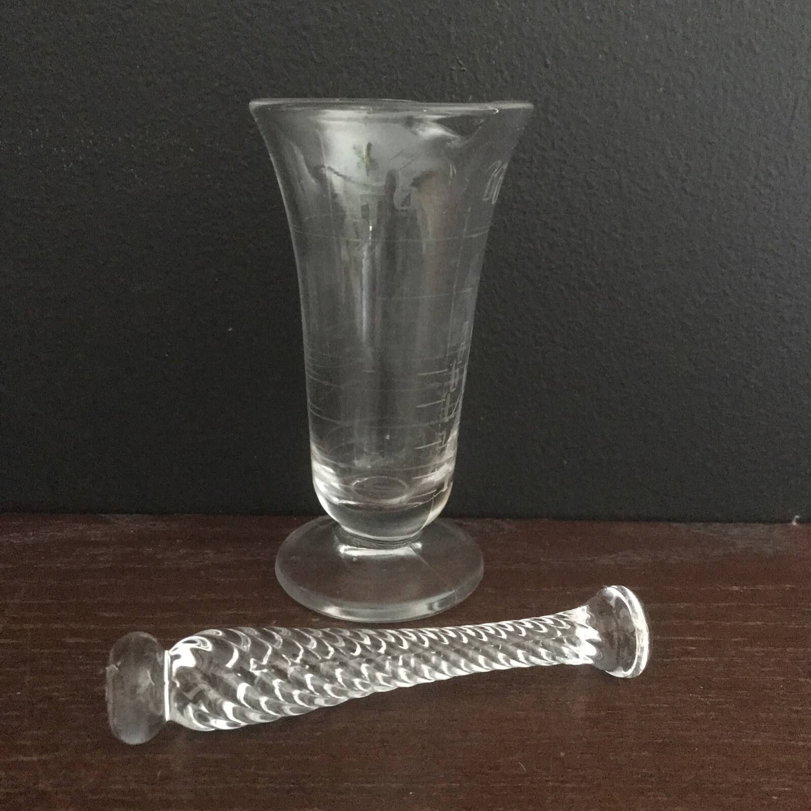 1940’s Mortar Pestle Clear Glass Beaker Apothecary Etched Footed Spout Mixology