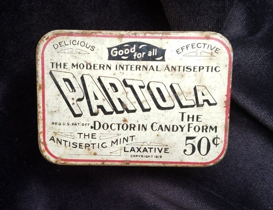 Old Medicine Tin Partola Doctor Candy Antiseptic Mint Laxative Jersey City NJ