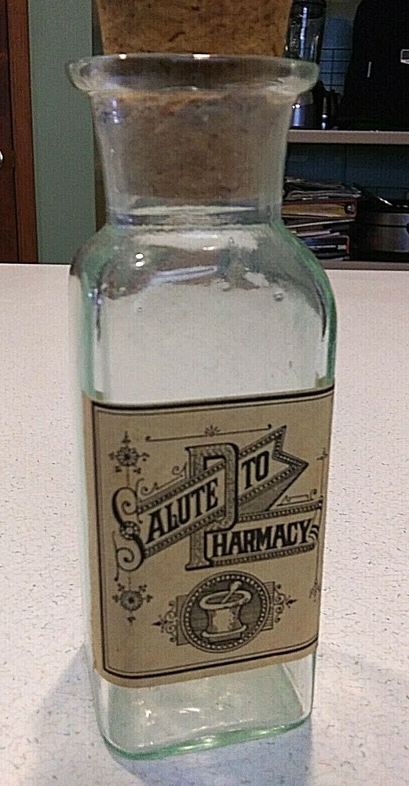 “SALUTE TO PHARMACY” GLASS PRESCRIPTION MEDICINE GIFT BOTTLE – AYERST – FREE S&H