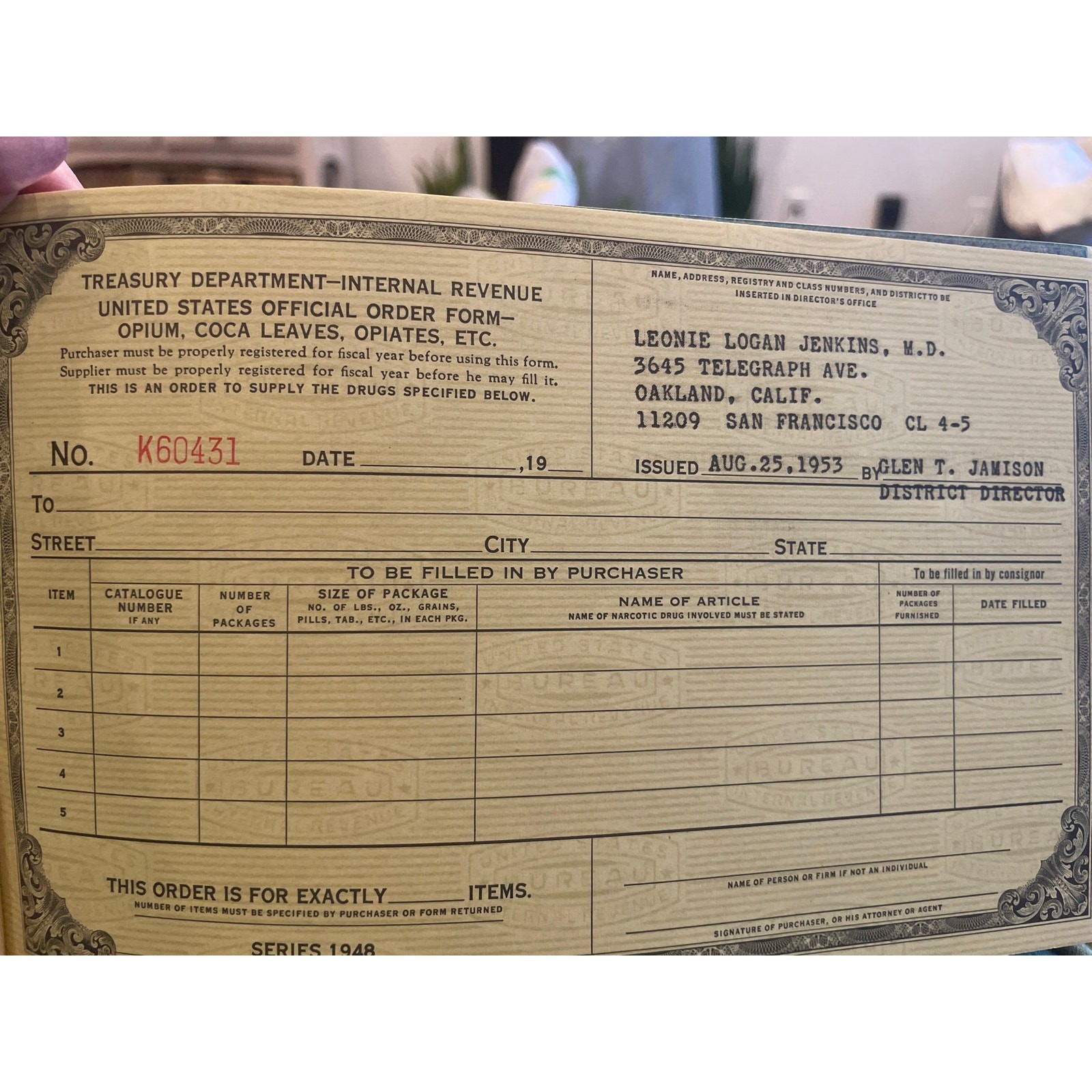 1953 U.S. Treasury Opium Opiates Order Forms Booklet Oakland Doctor Vintage