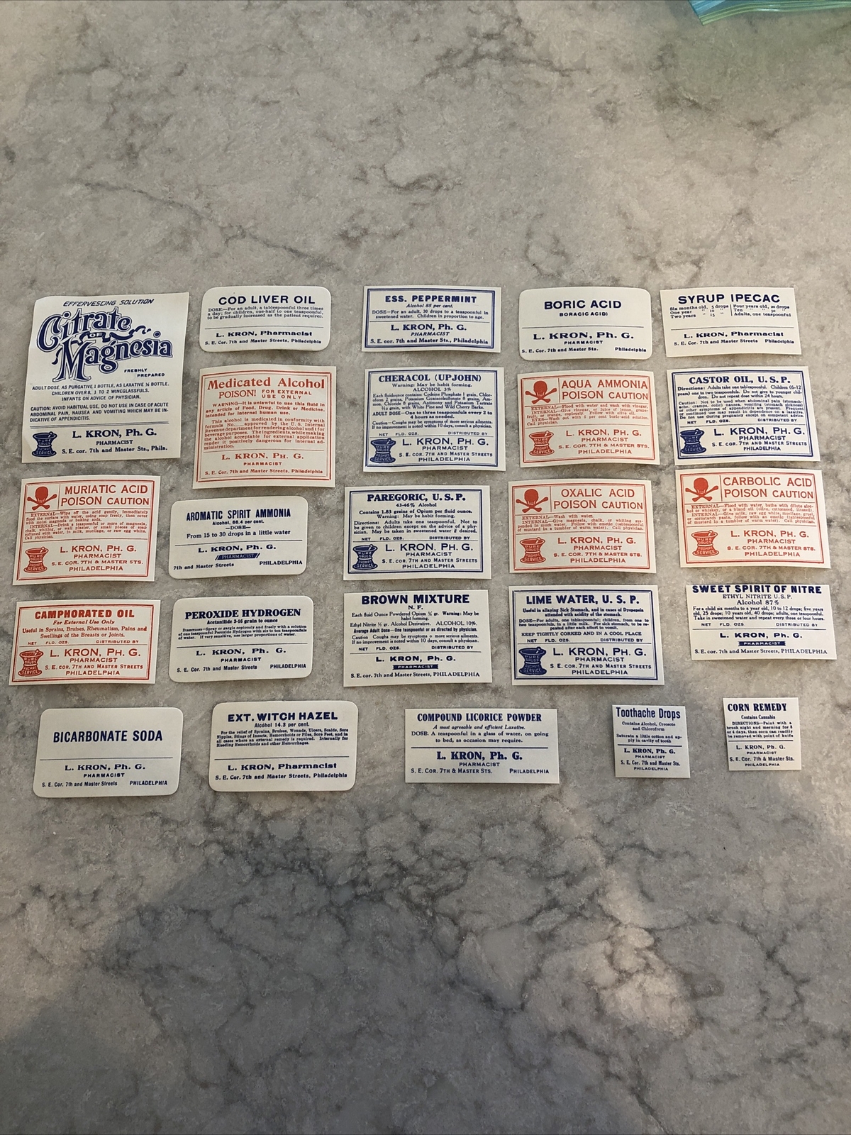 Lot 24 Antique Medicine Bottle Labels Opium, Poison – L. Kron Ph. G. Phila.