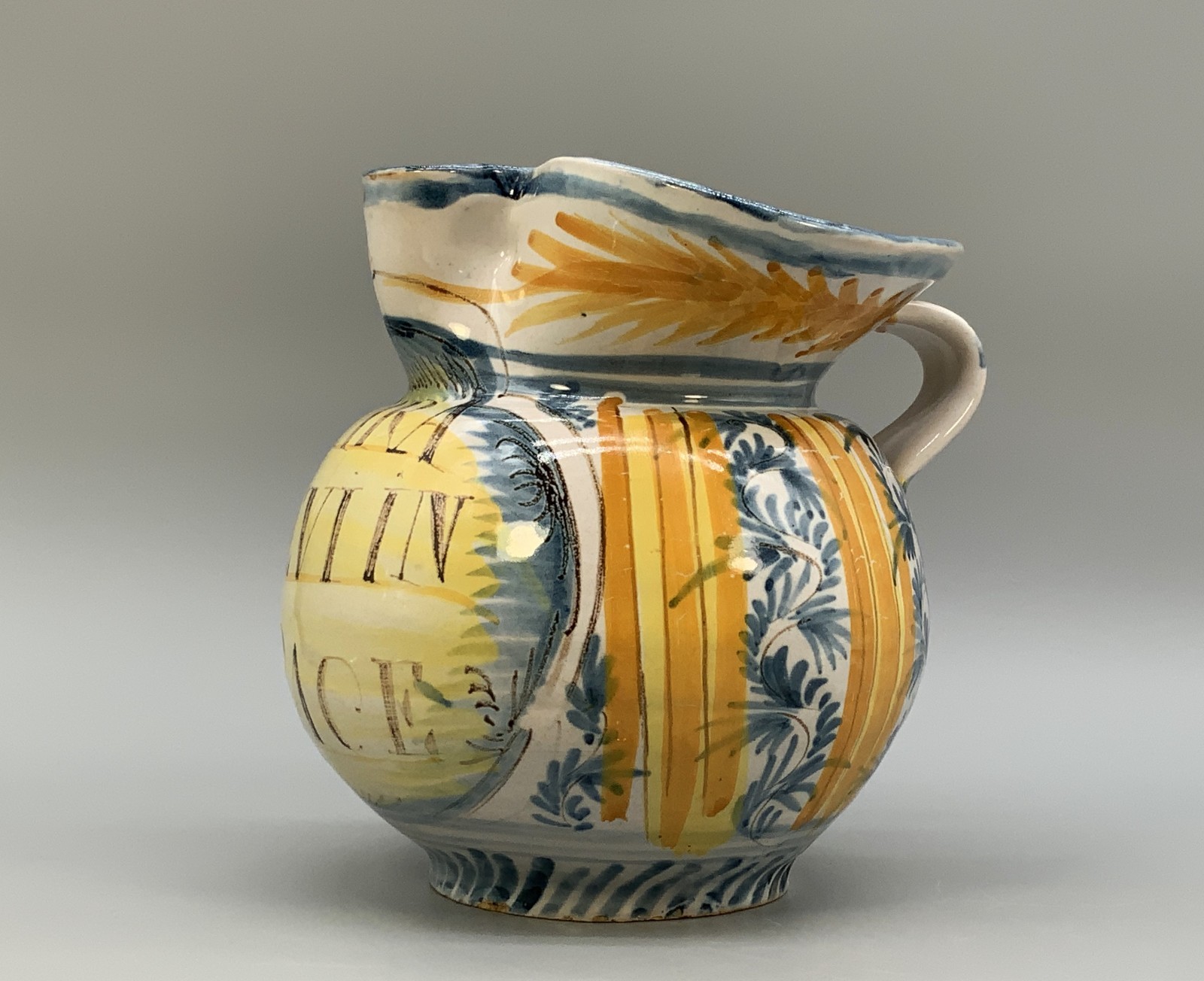Italian Majolica Pharmacy Jug Polychrome, Mangonese & Yellow 19thC Delft Faience