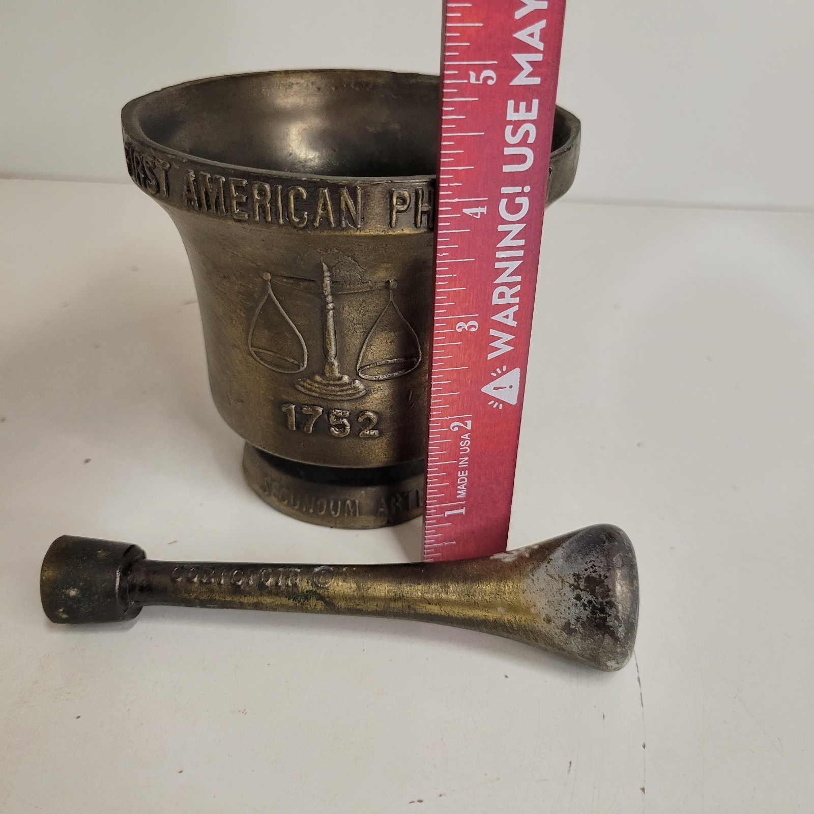 VTG Brass Bronze Schering Mortar & Coricidin Pestle 1752 First American Pharmacy