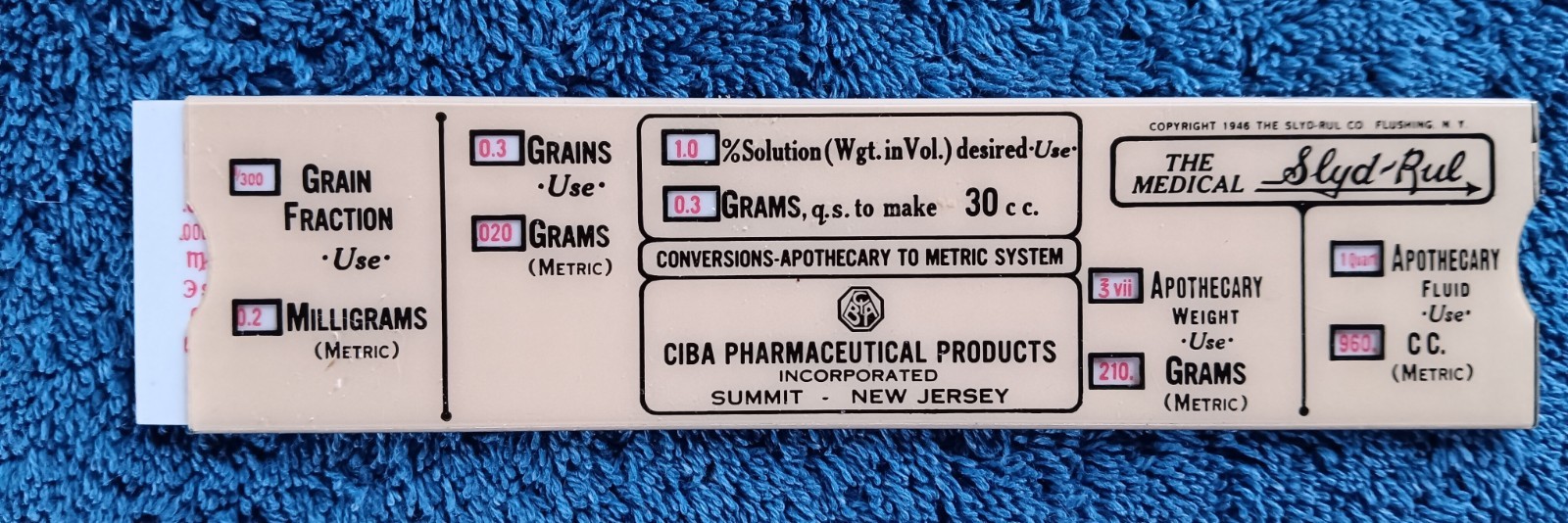 Vtg Ciba NJ Pharmaceutical Medical Slyd-Rul 1946 Conversion Apothecary – Metric