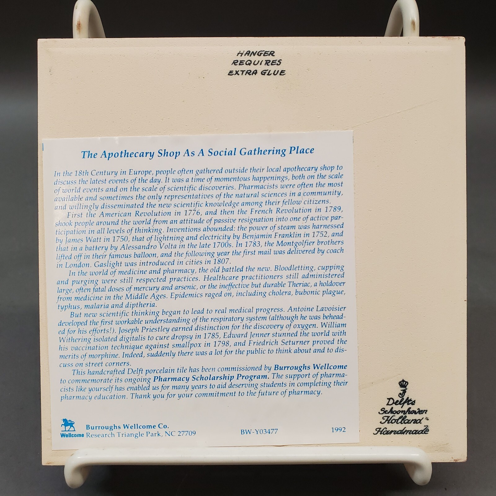 Burroughs Wellcome Co. Pharmacy Program Commemorative Porcelain Tile Holland