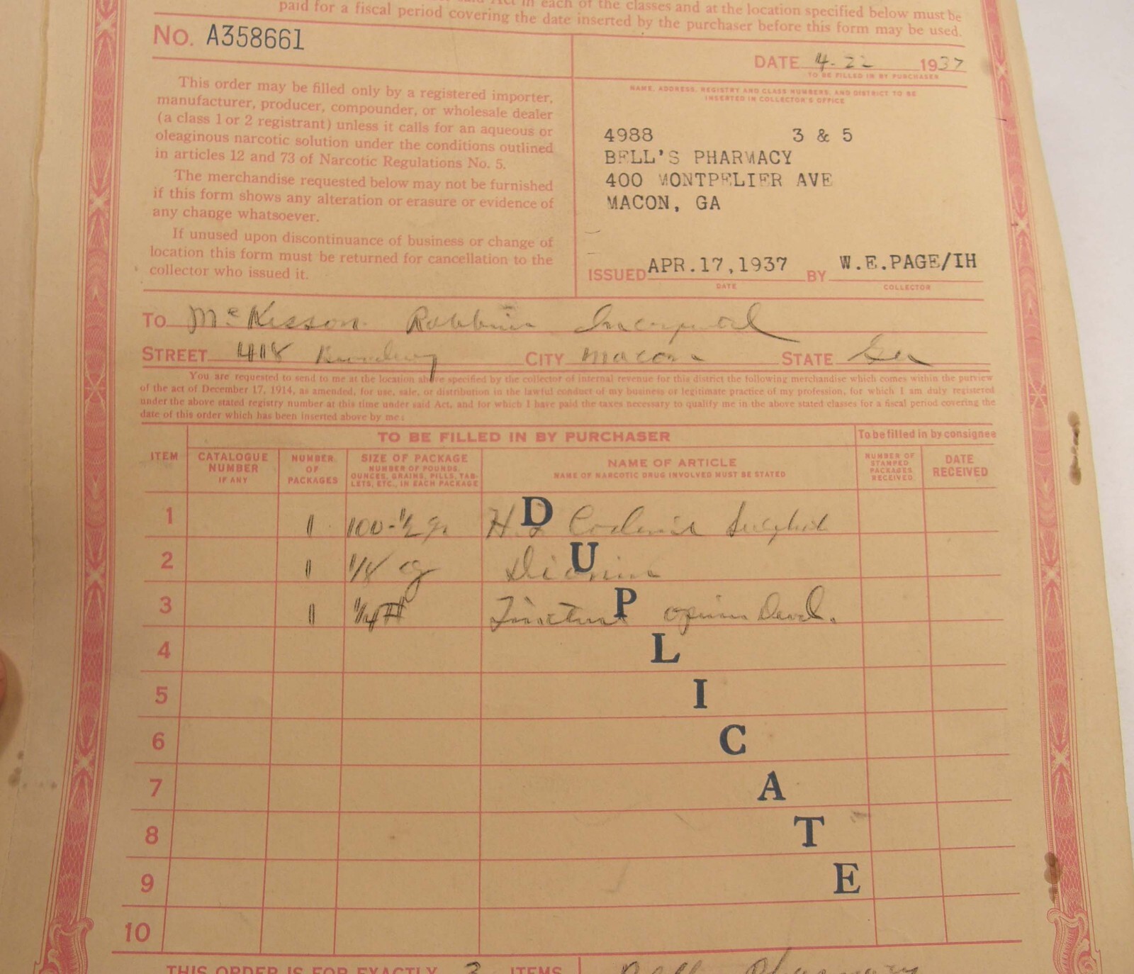 VINTAGE 1936 US TREASURY DEPT REVENUE FORM COCA LEAVES OR OPIUM MACON GEORGIA