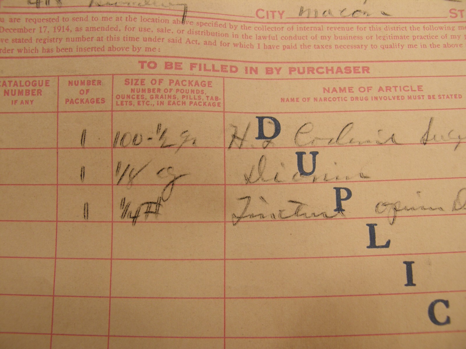 VINTAGE 1936 US TREASURY DEPT REVENUE FORM COCA LEAVES OR OPIUM MACON GEORGIA