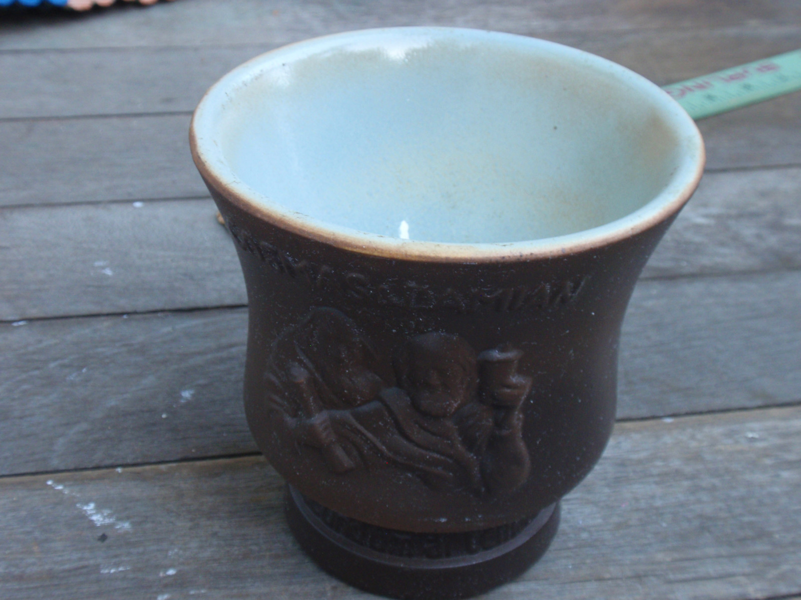VINTAGE STONE/CERAMIC MORTAR COSMAS & DAMIAN PHARMACY 5 IN. TALL