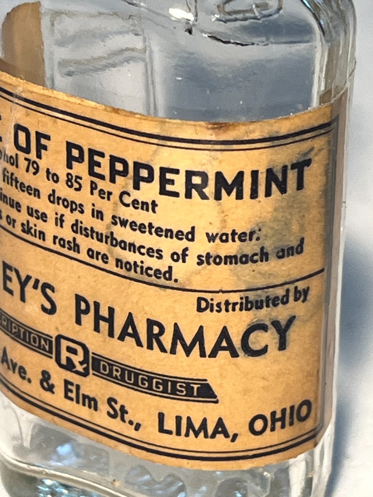 c1940s Essence of Peppermint Whitney’s Pharmacy Lima Ohio, Apothecary Druggist