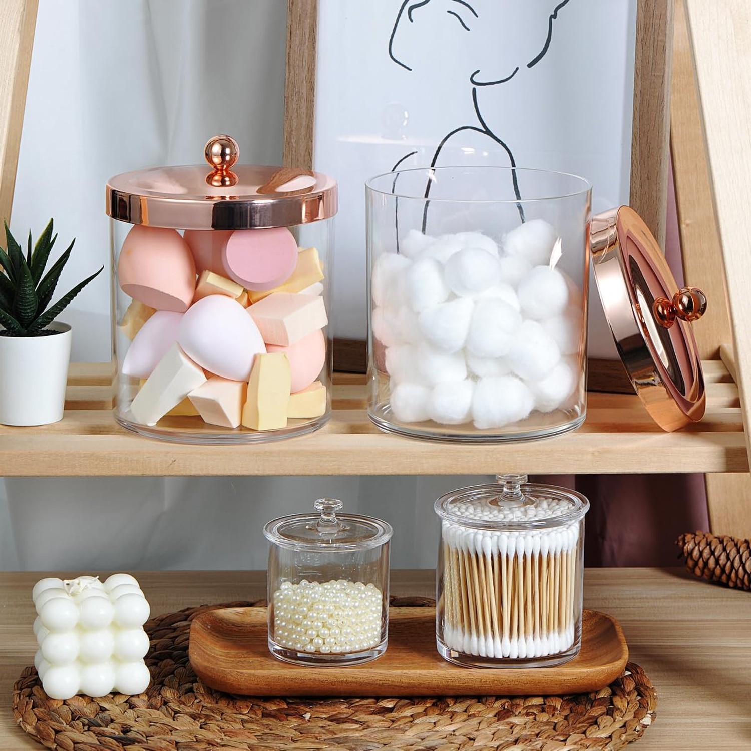 SheeChung 2-Pack Plastic Apothecary Jars with Rose Gold Metal Lids – 25oz & 1…