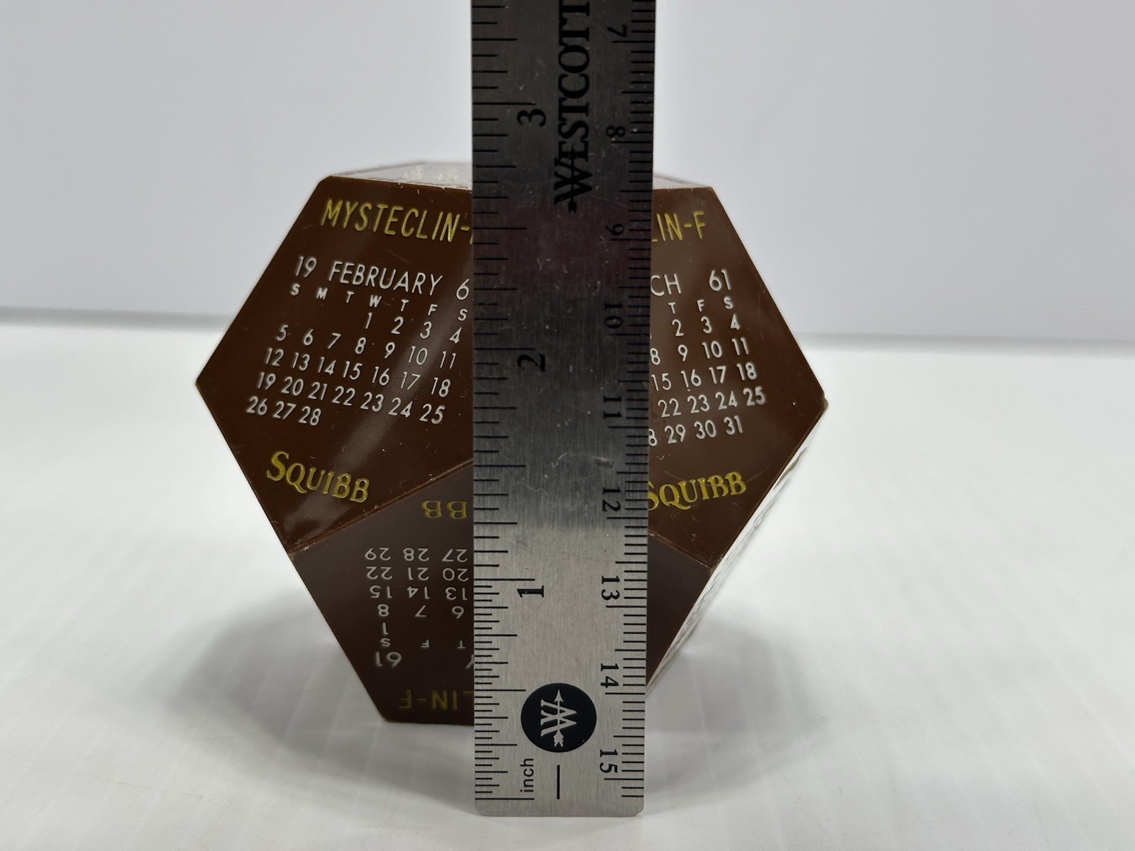 Vintage Advertising Squibb Mysteclin-F Medicine Paperweight Calendar 1961 Brown
