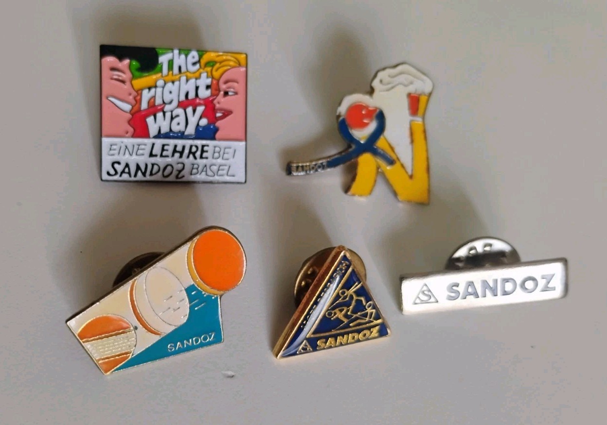 5x SANDOZ Pharmaceutical pin badges lot LSD Albert Hofmann