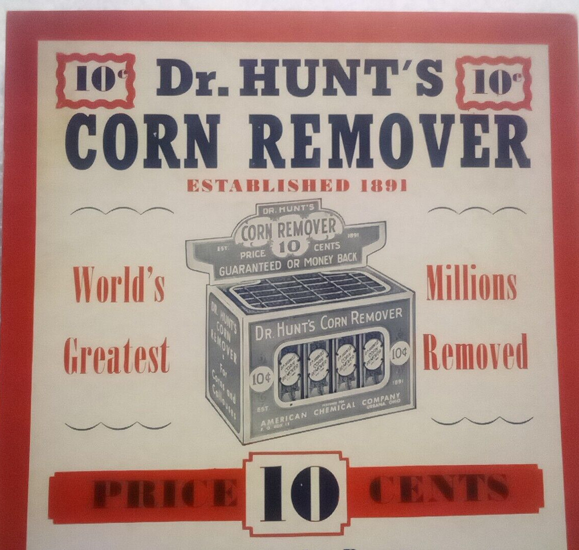 Dr. Hunt’s Corn Remover Vtg Adv Display Poster American Chemical Co. Urbana Ohio