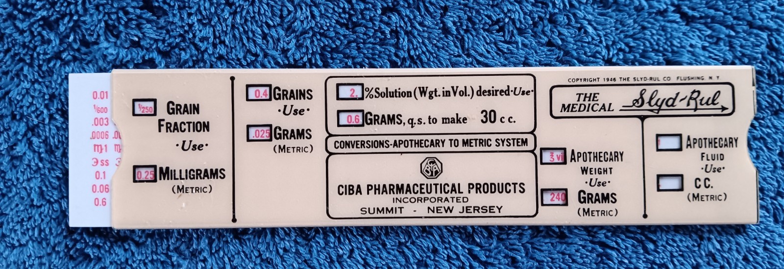 Vtg Ciba NJ Pharmaceutical Medical Slyd-Rul 1946 Conversion Apothecary – Metric