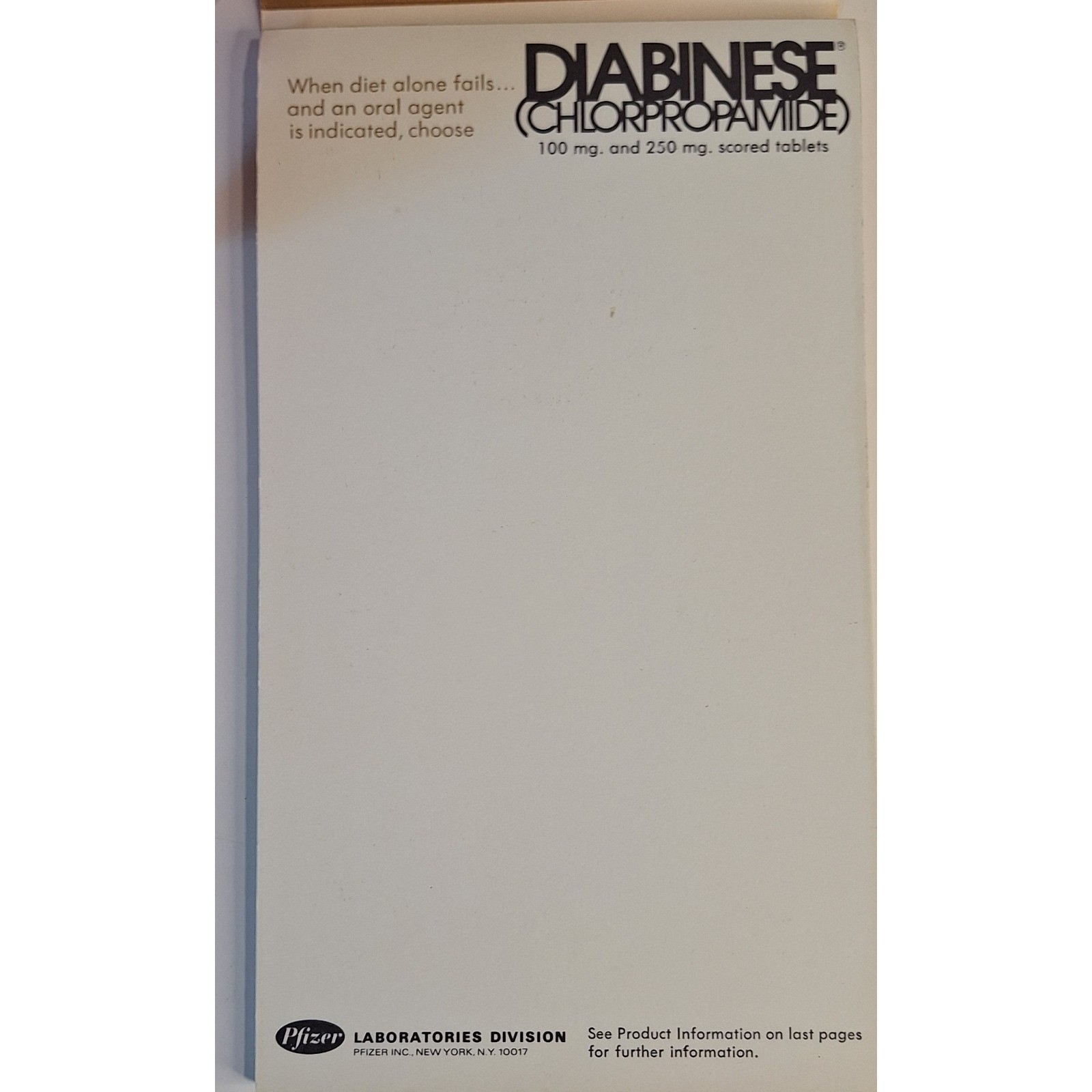 Lot Of 4 Pfizer Labs Notepads Diabinese Chlorpropamide Vintage