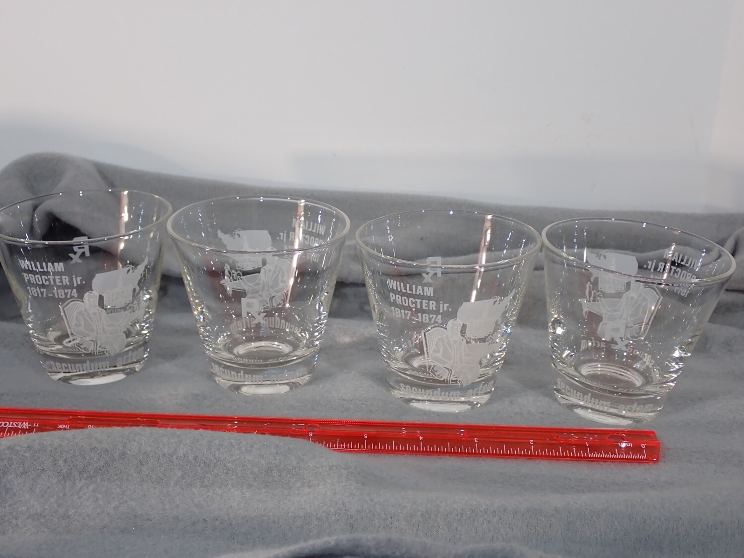 William Proctor Jr RX Secundum Artem Etched Barware Glass Set Of 4 FLAWLESS