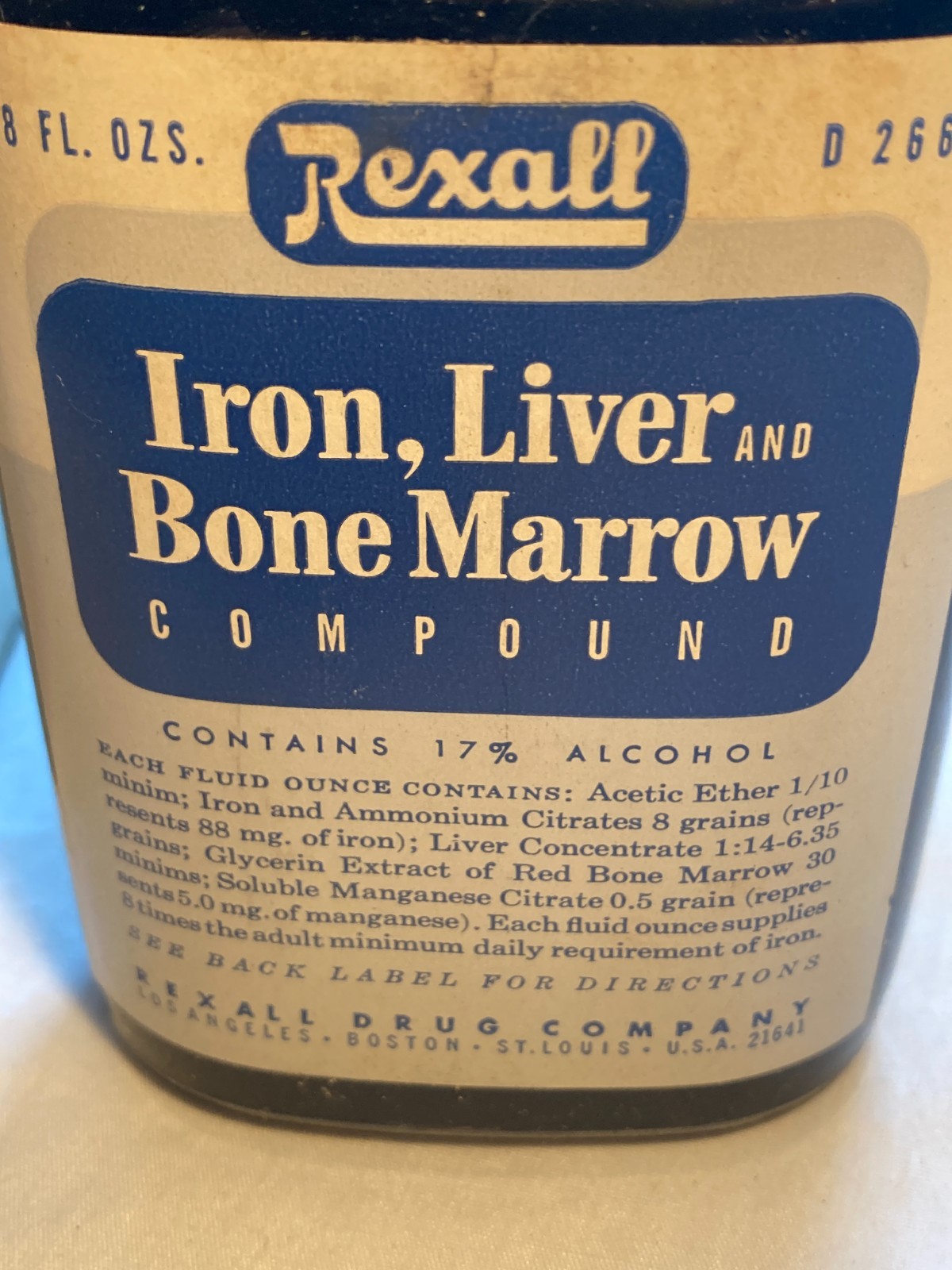 c1950s Rexall Iron, Liver and Bone Marrow Compound Rexall Drug Company Bottle