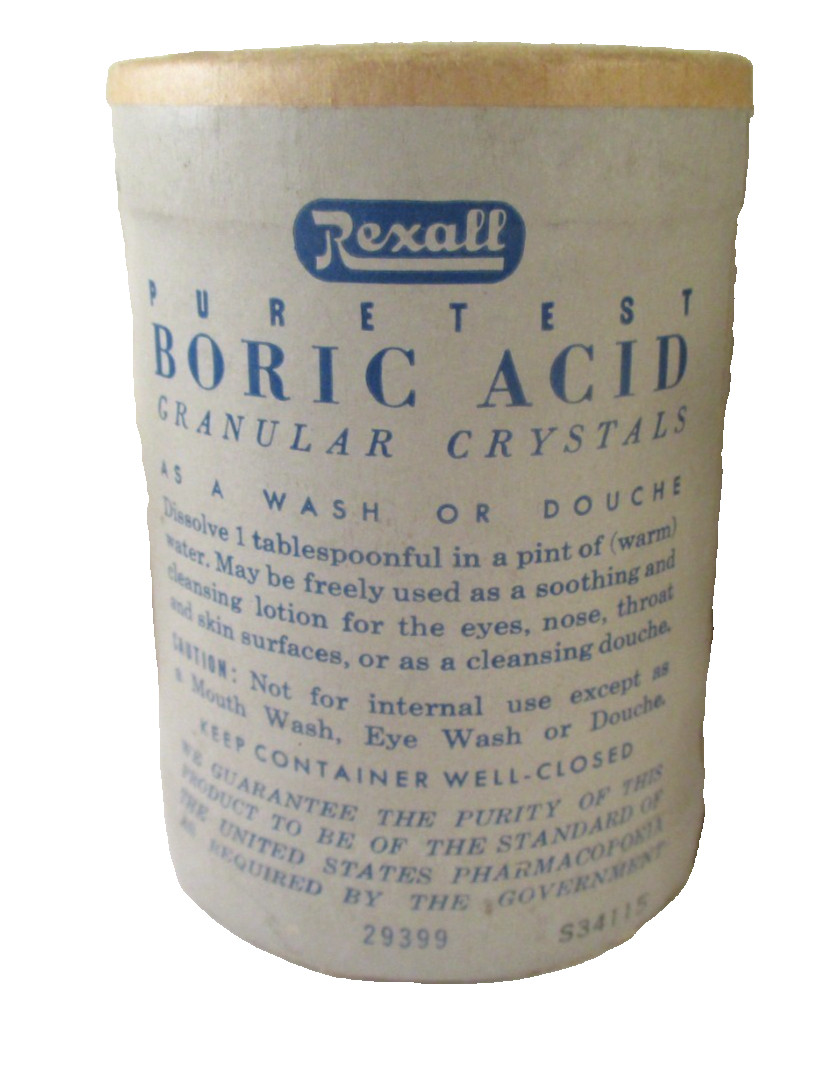 Vtg BORIC ACID PUREPAC TIN w/PARTIAL CONTENTS& REXALL SEALED CARDBOARD CONTAINER