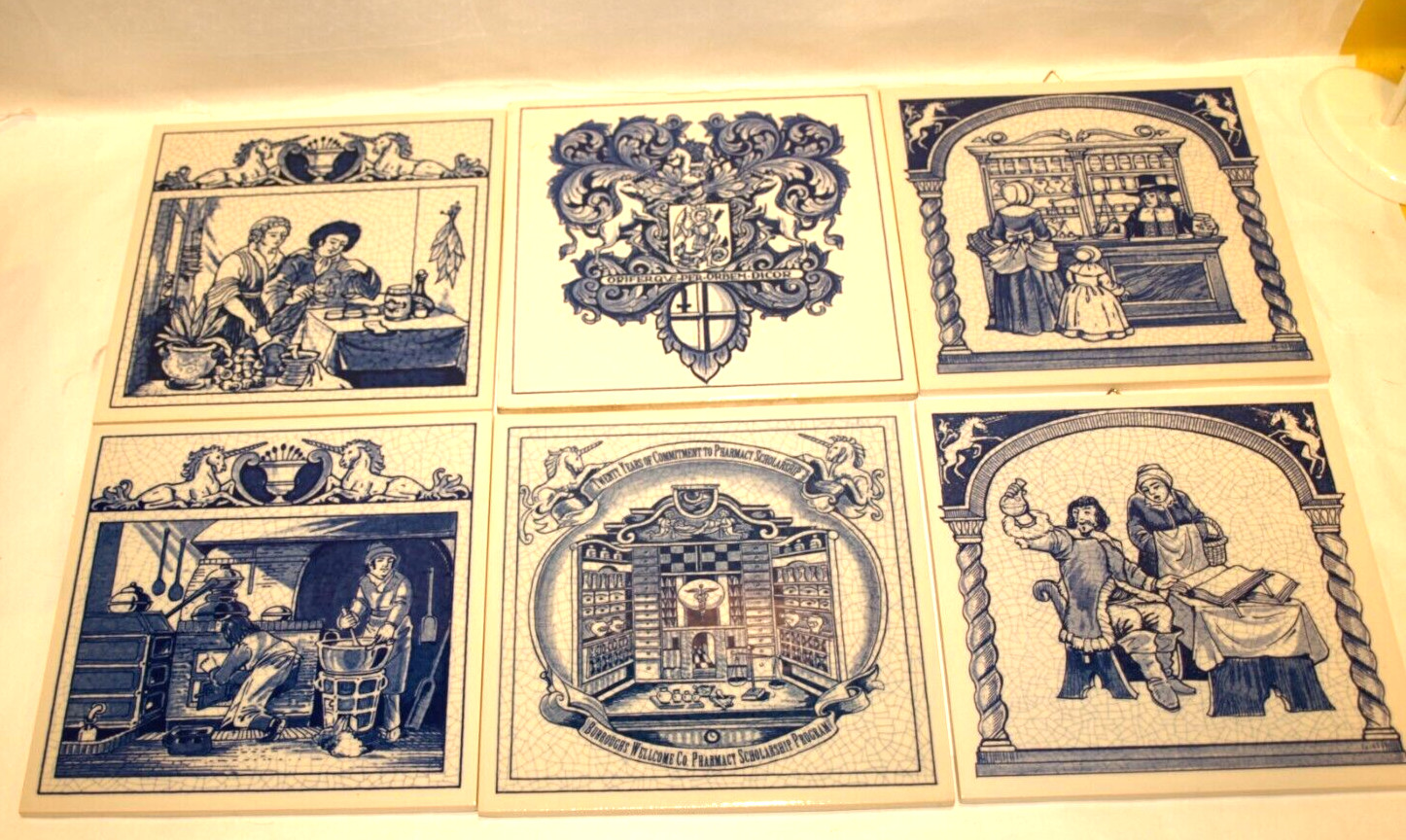 BURROUGHS WELLCOME BLUE DELFT HOMEMADE HOLLAND PHARMACY PILL TILE LOT OF 6, EXC